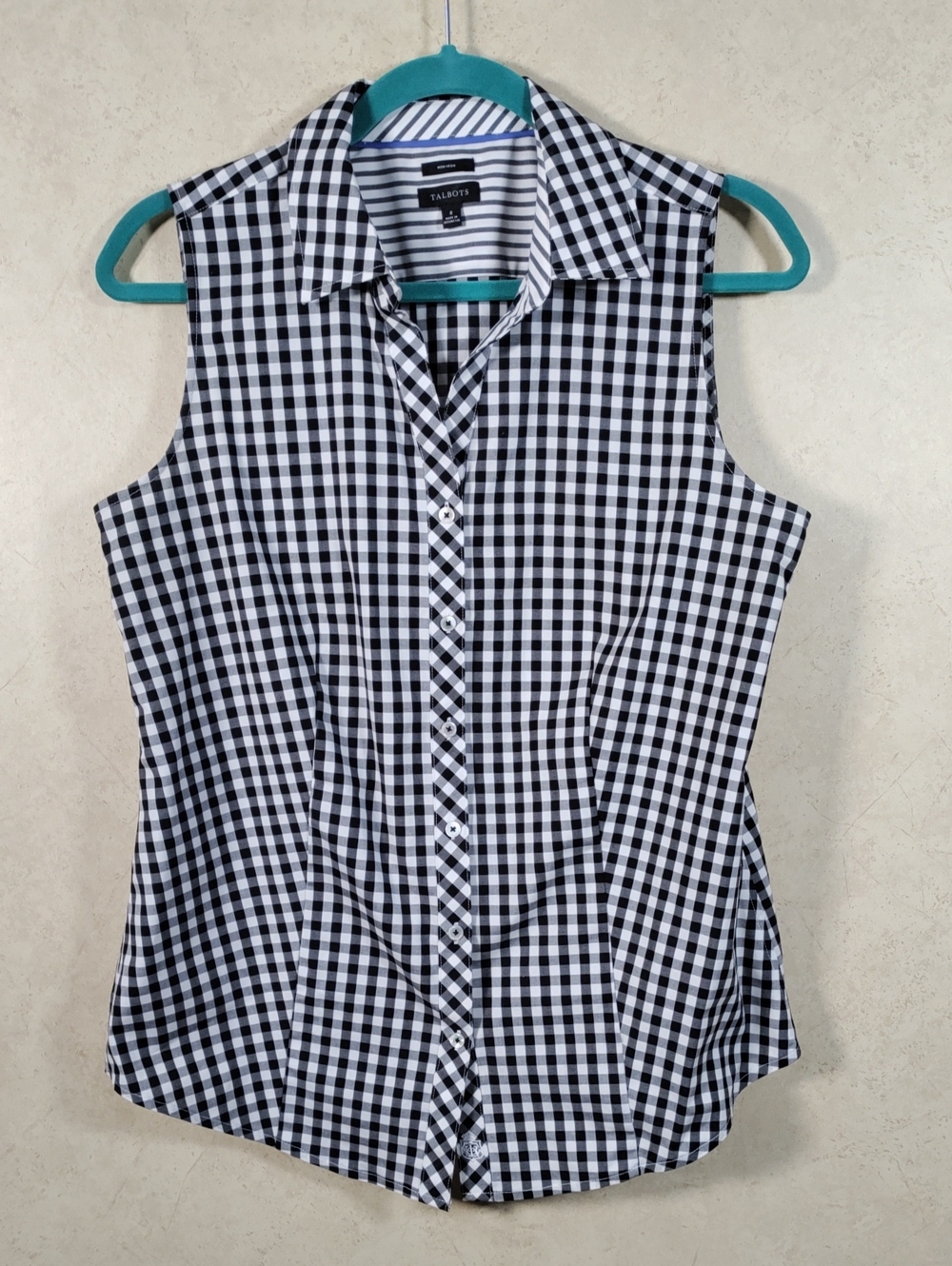 H189 Talbots Black & White Non-Iron Gingham Sleeveless Button-Up Shirt 8